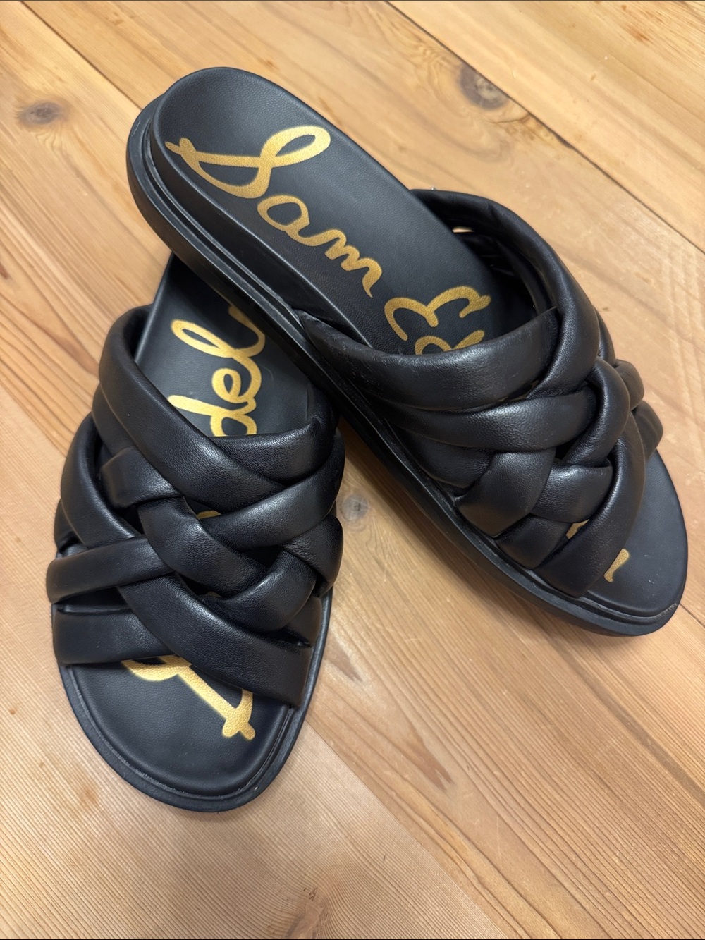 Sam Edelman Black Braided Slide Sandals with Gold Logo, Size 8